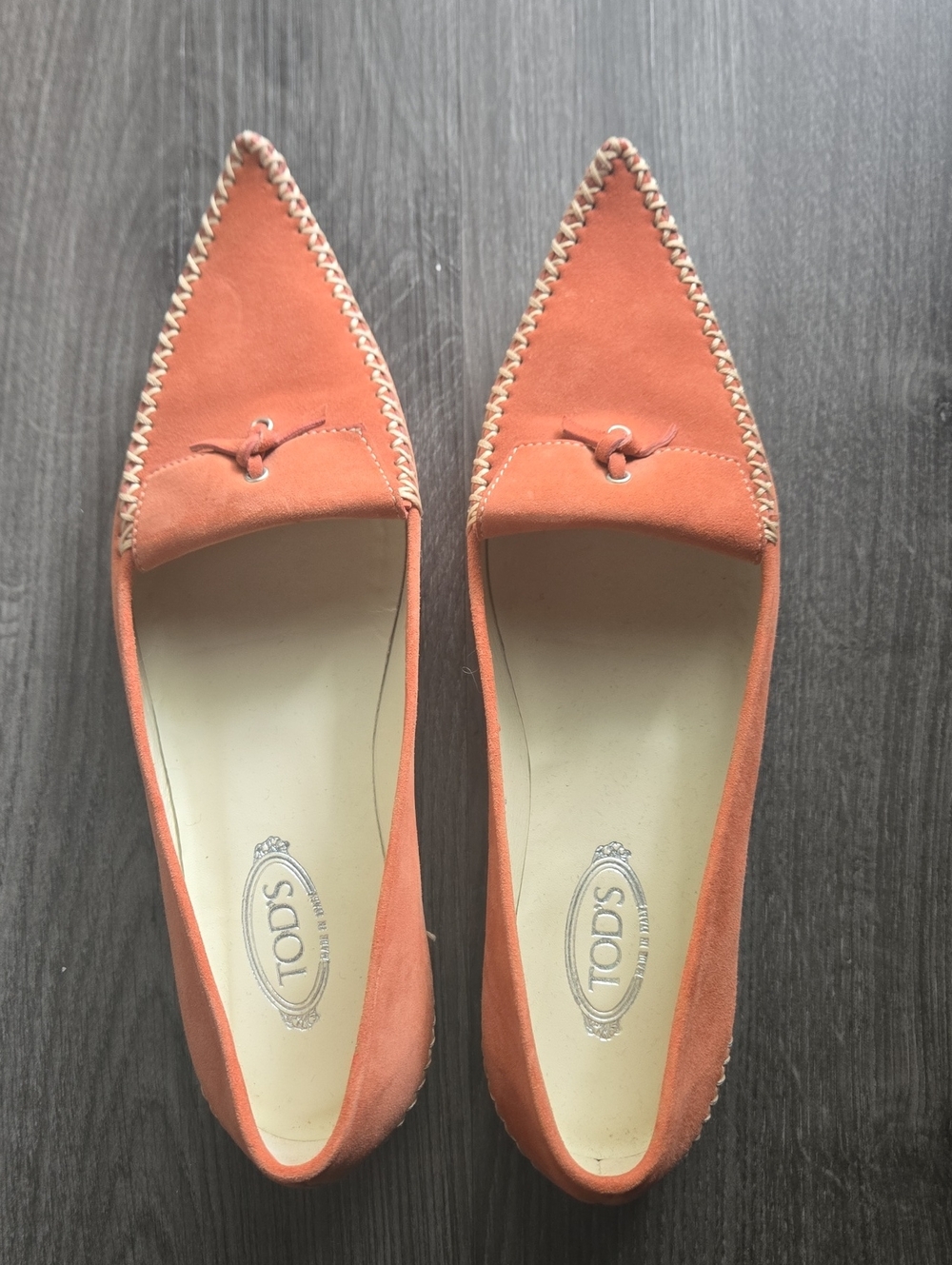 Tod's Coral Suede Pointed Loafers with Braided Edge